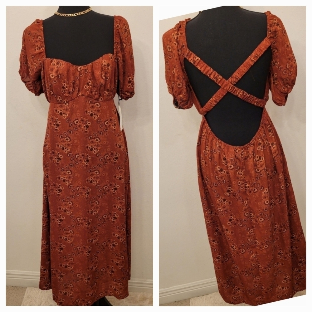 Max + Ash Midi Cross Back Burnt Orange Floral Summer Sz Large NWT